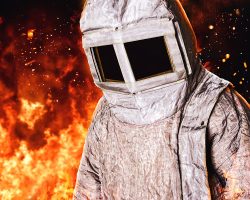 Firefighter in a special protective suit from the high temperature of the fire. Close portrait on fire background